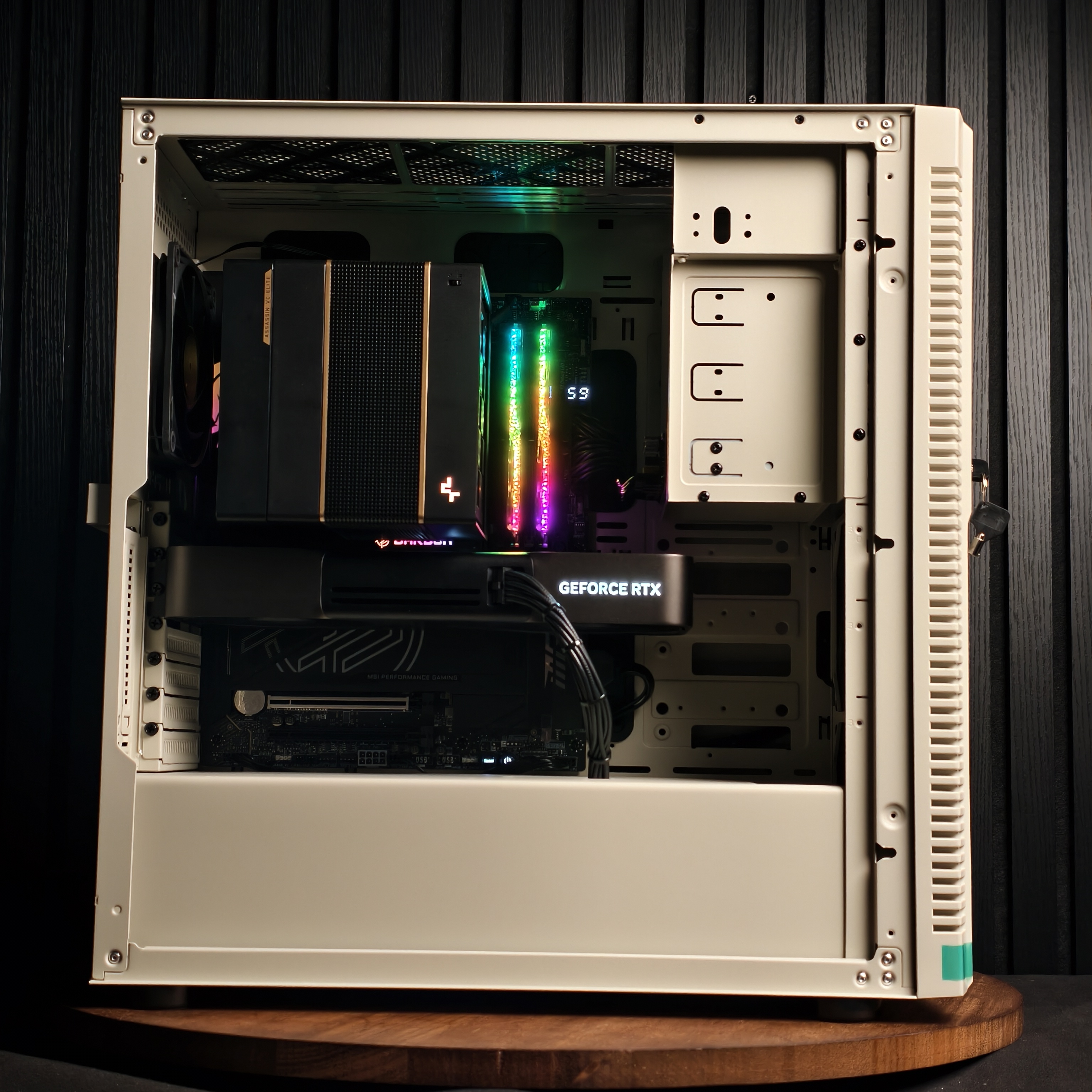 FLP02 RETRO WHITE · 内部硬件视角 · 双塔风冷与白色舱体