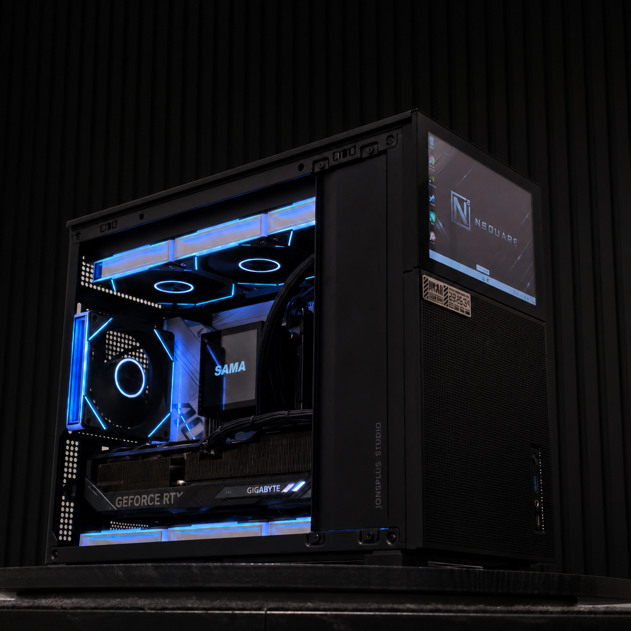 JONSBO D31 SCREEN BLACK · 蓝色内部视角 · 一体水冷与直通风道