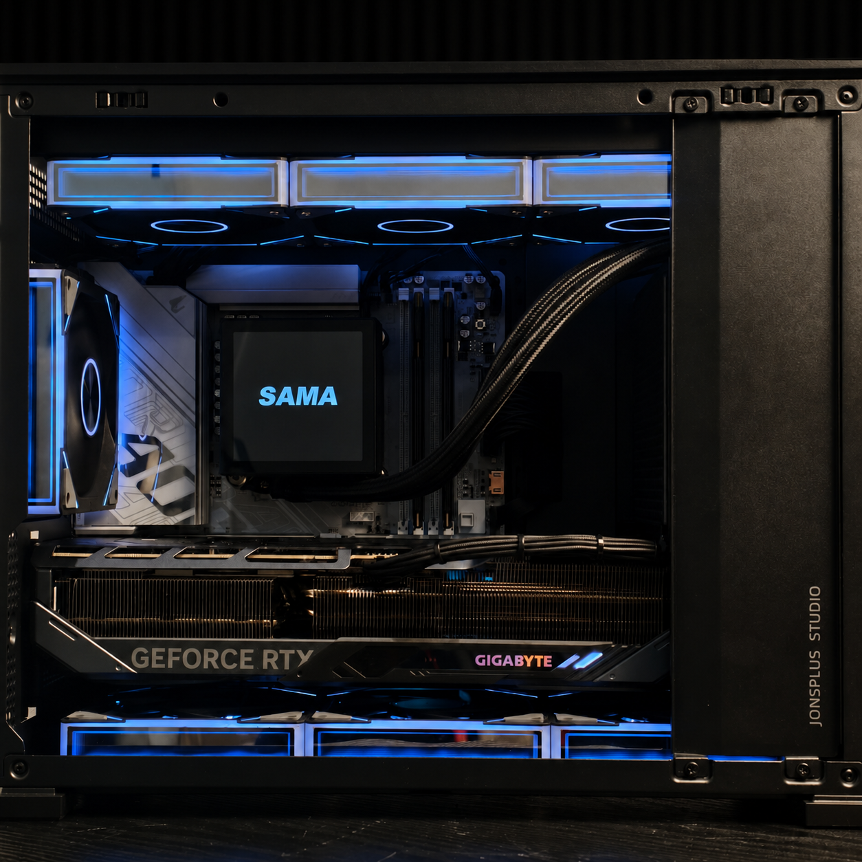 JONSBO D31 SCREEN BLACK · 硬件近景 · 显卡、冷排与底部进气